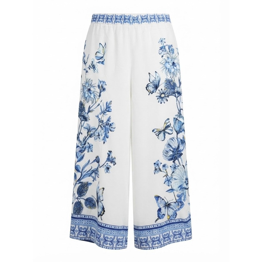 Chicos Linen Blend Wide Leg M Pants Floral Boho Beach Comfort White Blue